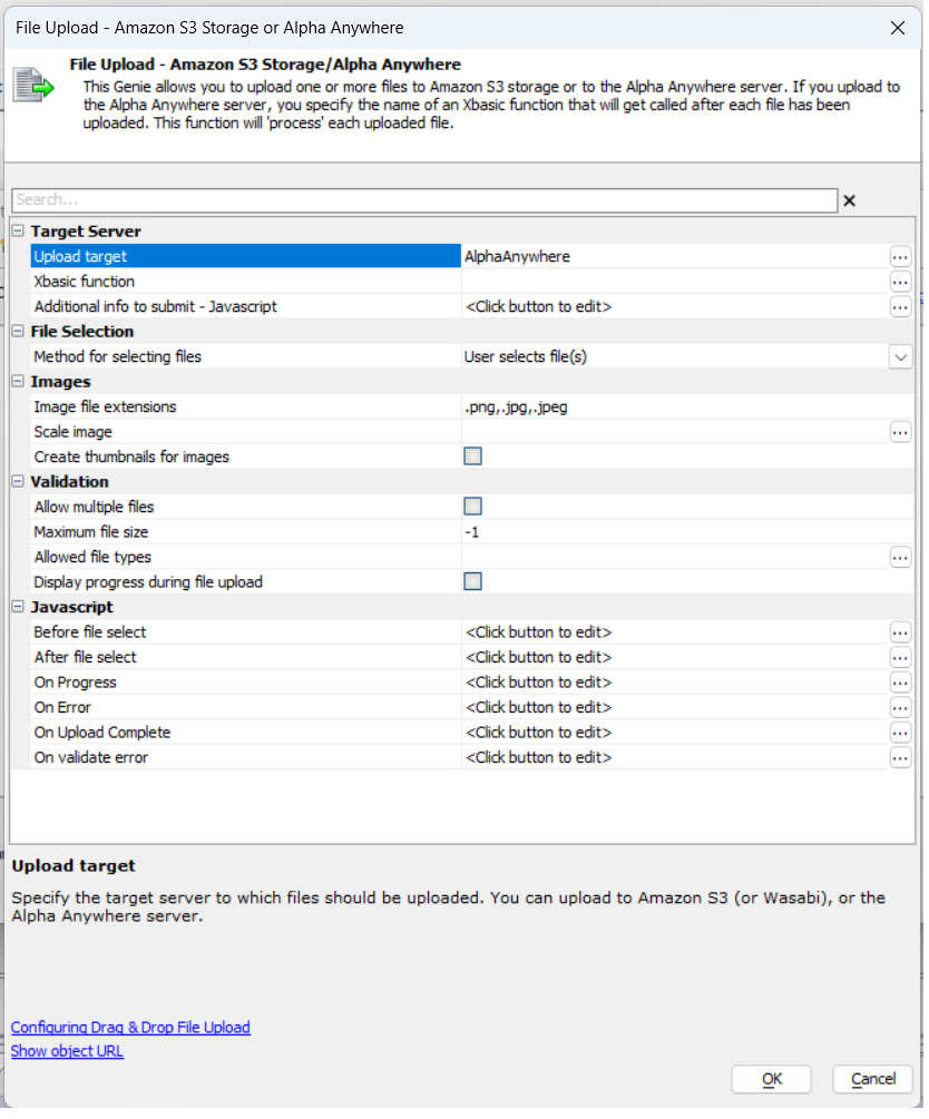Options available for the 'AlphaAnywhere' Upload target.